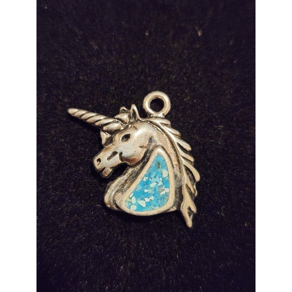Vintage Pewter Unicorn Pendant Turquoise Inlay Fantasy Mythical Charm
